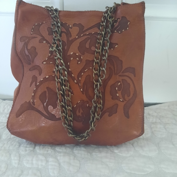 CAMPOMAGGI Small 'Aurora' shopping bag in cognac leather and floral raster New - Picture 5 of 11